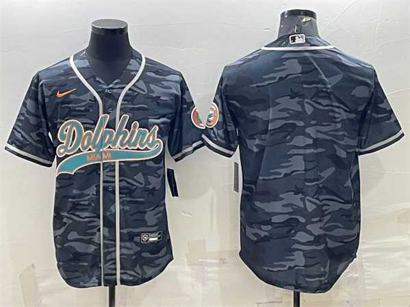 Men%27s Miami Dolphins Blank Gray Camo With Patch Cool Base Stitched Baseball Jersey